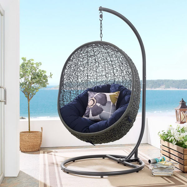 Modway Furniture Hide Outdoor Patio Swing Chair with Stand, Sunbrella® Cushion – Durable, Stylish All-Weather Design Gray Navy EEI-3929-GRY-NAV