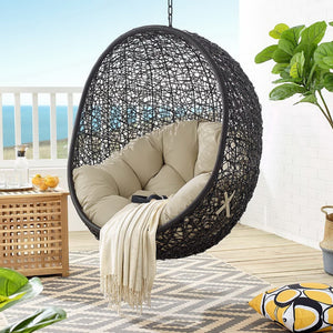 Modway Furniture Encase Sunbrella® Outdoor Patio Swing Chair with Durable Rattan & Plush Cushions for Ultimate Comfort Black Beige EEI-3943-BLK-BEI