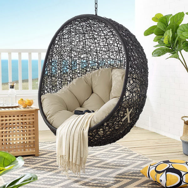Modway Furniture Encase Sunbrella® Outdoor Patio Swing Chair with Durable Rattan & Plush Cushions for Ultimate Comfort Black Beige EEI-3943-BLK-BEI