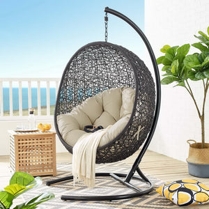 Modway Furniture Encase Sunbrella® Outdoor Patio Swing Chair with Durable Rattan & Plush Cushions for Ultimate Comfort Black Beige EEI-3943-BLK-BEI