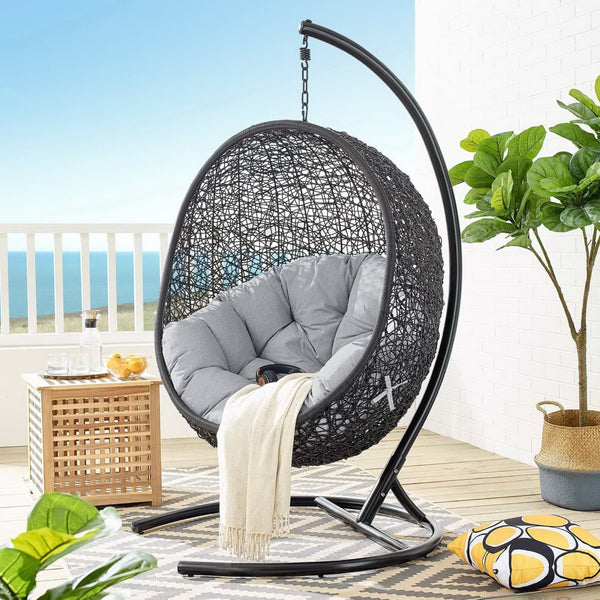 Modway Furniture Encase Sunbrella® Outdoor Patio Swing Chair with Durable Rattan & Plush Cushions for Ultimate Comfort Black Gray EEI-3943-BLK-GRY