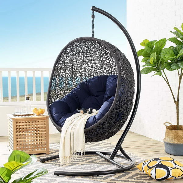 Modway Furniture Encase Sunbrella® Outdoor Patio Swing Chair with Durable Rattan & Plush Cushions for Ultimate Comfort Black Navy EEI-3943-BLK-NAV