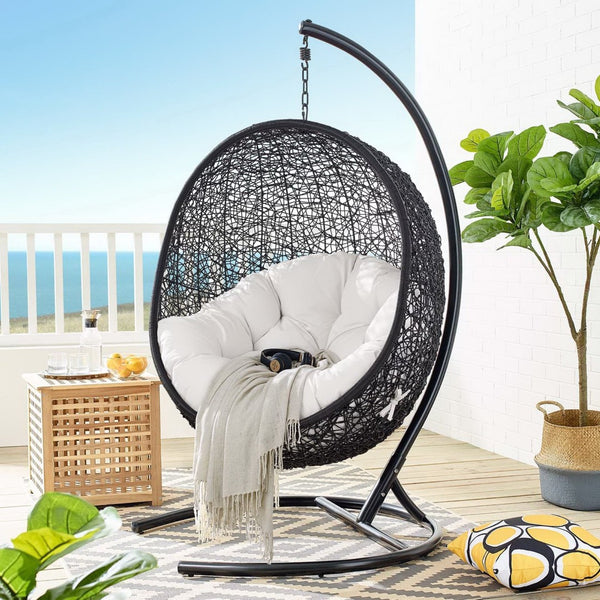 Modway Furniture Encase Sunbrella® Outdoor Patio Swing Chair with Durable Rattan & Plush Cushions for Ultimate Comfort Black White EEI-3943-BLK-WHI