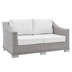 Modway Furniture Conway Sunbrella® Outdoor Loveseat – Stylish, Durable Wicker Rattan Seating for Patios and Balconies Light Gray White EEI-3973-LGR-WHI