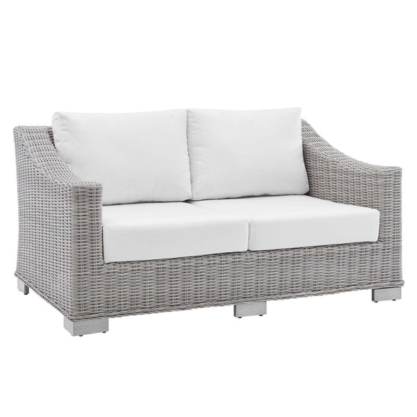Modway Furniture Conway Sunbrella® Outdoor Loveseat – Stylish, Durable Wicker Rattan Seating for Patios and Balconies Light Gray White EEI-3973-LGR-WHI
