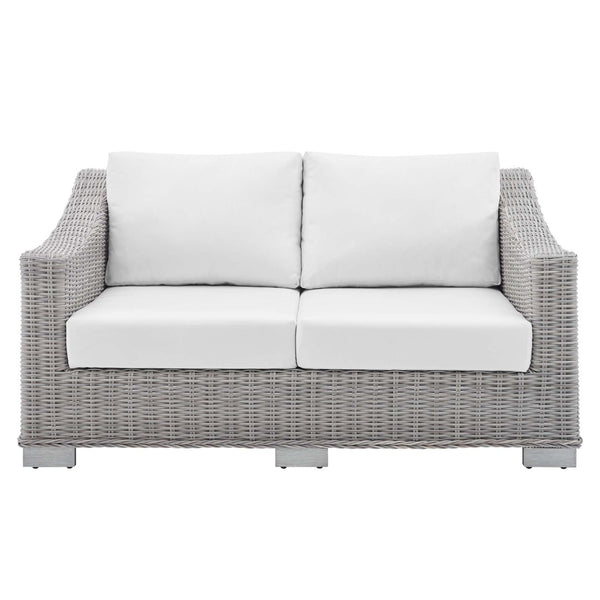 Modway Furniture Conway Sunbrella® Outdoor Loveseat – Stylish, Durable Wicker Rattan Seating for Patios and Balconies Light Gray White EEI-3973-LGR-WHI
