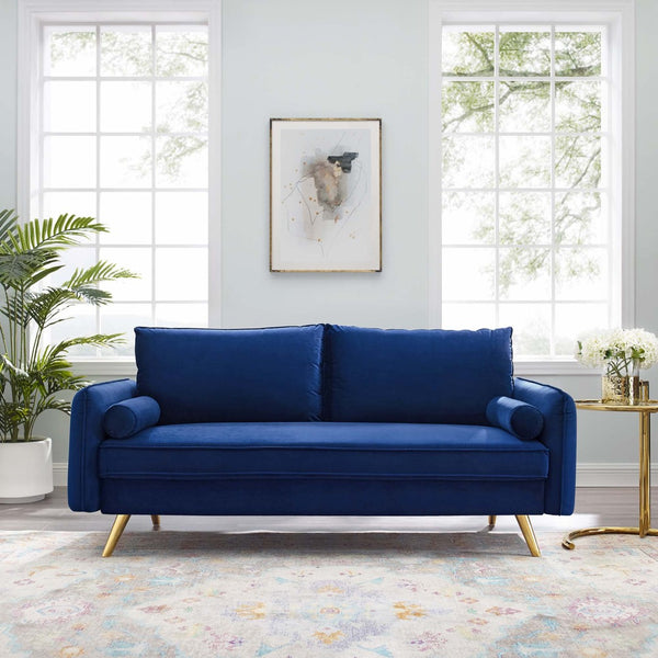 Modway Furniture Revive Upholstered Performance Velvet Sofa - Stylish, Comfortable, Stain-Resistant Design for Living Spaces Navy EEI-3988-NAV
