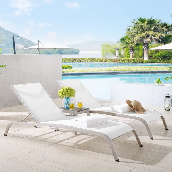 Modway Furniture Savannah 3 Piece Outdoor Chaise Lounge Set with Stylish Side Table for Relaxing in Comfort White EEI-4006-WHI-SET