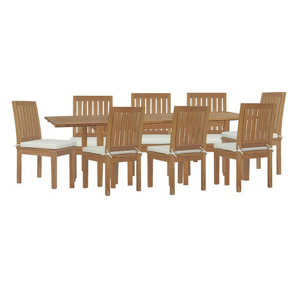Modway Furniture Marina 9 Piece Teak Outdoor Dining Set - Extendable Table & Comfortable Chairs for Gatherings EEI-4033-NAT-WHI-SET