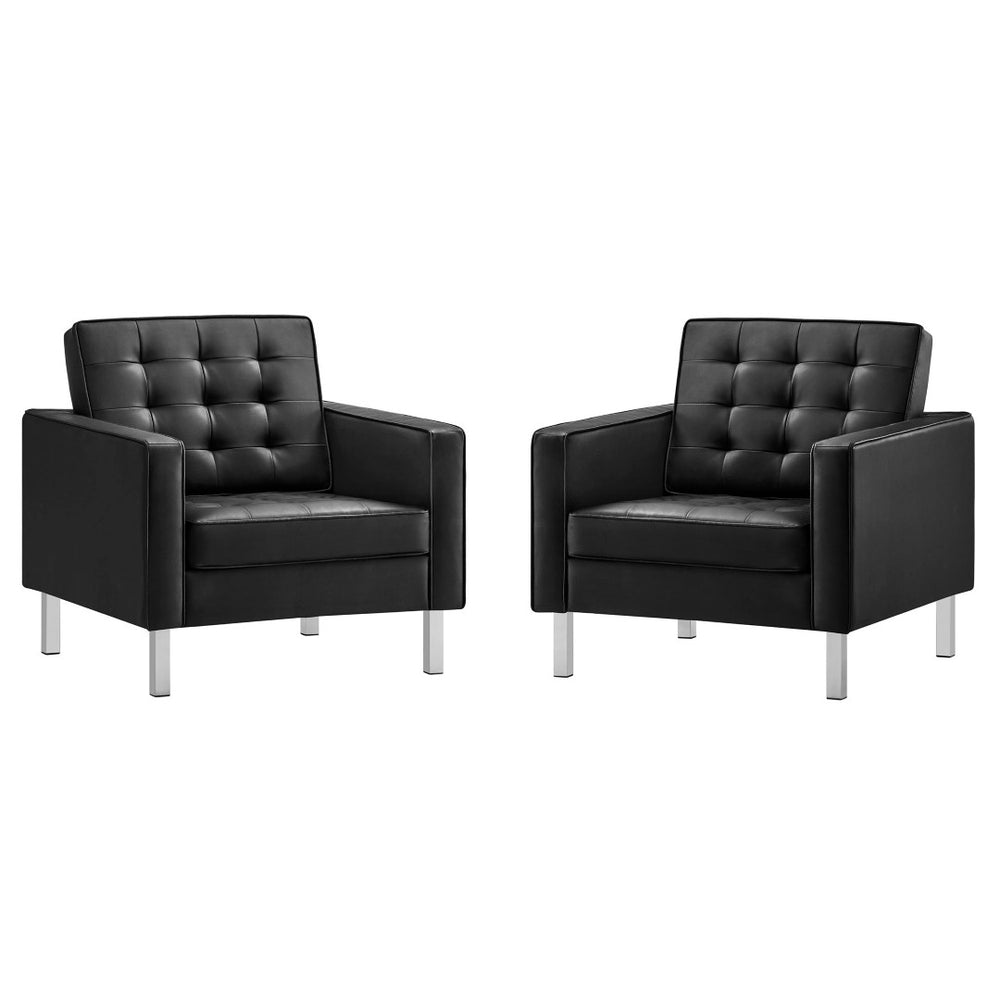 Modway Furniture Loft Tufted Vegan Leather Armchairs Set of 2 – Mid-Century Modern Design for Stylish Living Rooms Silver Black EEI-4101-SLV-BLK