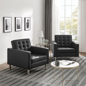 Modway Furniture Loft Tufted Vegan Leather Armchairs Set of 2 – Mid-Century Modern Design for Stylish Living Rooms Silver Black EEI-4101-SLV-BLK