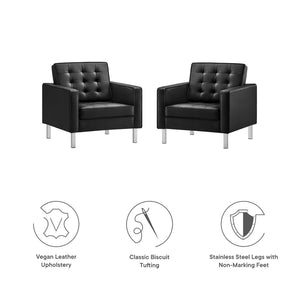 Modway Furniture Loft Tufted Vegan Leather Armchairs Set of 2 – Mid-Century Modern Design for Stylish Living Rooms Silver Black EEI-4101-SLV-BLK