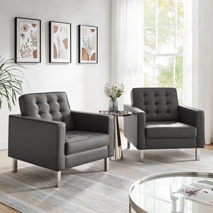 Modway Furniture Loft Tufted Vegan Leather Armchairs Set of 2 – Mid-Century Modern Design for Stylish Living Rooms Silver Gray EEI-4101-SLV-GRY