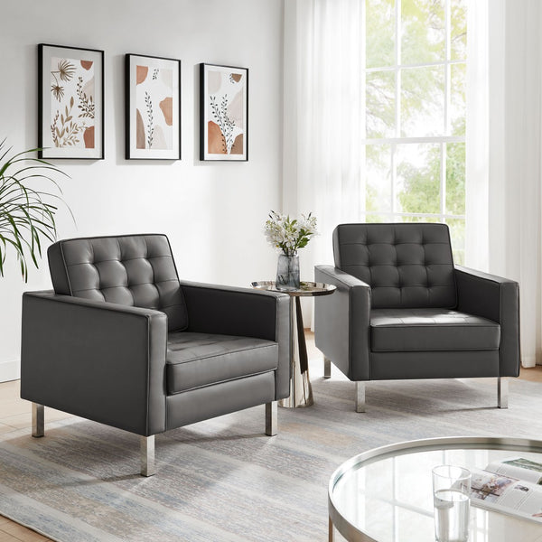 Modway Furniture Loft Tufted Vegan Leather Armchairs Set of 2 – Mid-Century Modern Design for Stylish Living Rooms Silver Gray EEI-4101-SLV-GRY
