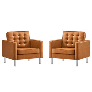 Modway Furniture Loft Tufted Vegan Leather Armchairs Set of 2 – Mid-Century Modern Design for Stylish Living Rooms Silver Tan EEI-4101-SLV-TAN