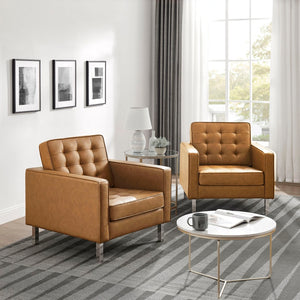 Modway Furniture Loft Tufted Vegan Leather Armchairs Set of 2 – Mid-Century Modern Design for Stylish Living Rooms Silver Tan EEI-4101-SLV-TAN
