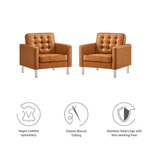 Modway Furniture Loft Tufted Vegan Leather Armchairs Set of 2 – Mid-Century Modern Design for Stylish Living Rooms Silver Tan EEI-4101-SLV-TAN