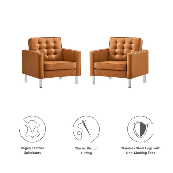 Modway Furniture Loft Tufted Vegan Leather Armchairs Set of 2 – Mid-Century Modern Design for Stylish Living Rooms Silver Tan EEI-4101-SLV-TAN