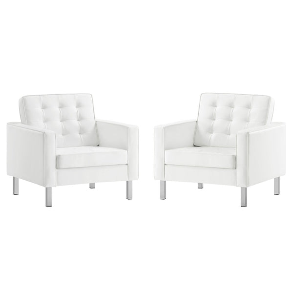 Modway Furniture Loft Tufted Vegan Leather Armchairs Set of 2 – Mid-Century Modern Design for Stylish Living Rooms Silver White EEI-4101-SLV-WHI