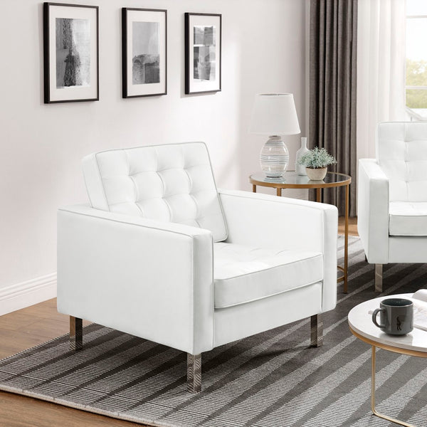Modway Furniture Loft Tufted Vegan Leather Armchairs Set of 2 – Mid-Century Modern Design for Stylish Living Rooms Silver White EEI-4101-SLV-WHI