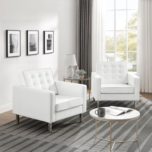 Modway Furniture Loft Tufted Vegan Leather Armchairs Set of 2 – Mid-Century Modern Design for Stylish Living Rooms Silver White EEI-4101-SLV-WHI