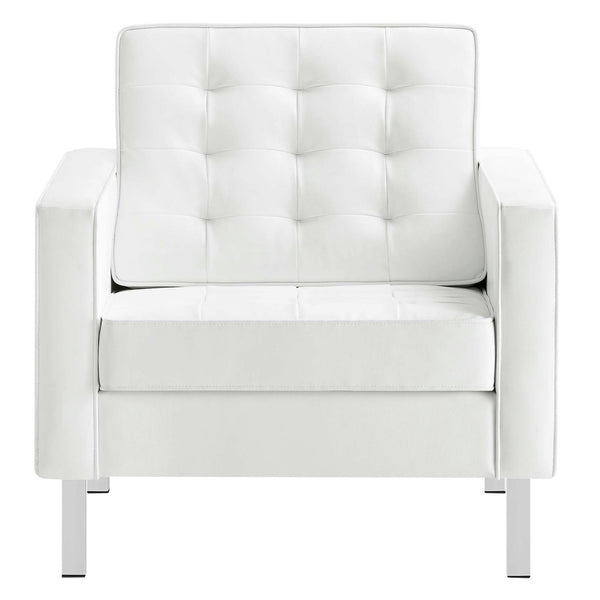 Modway Furniture Loft Tufted Vegan Leather Armchairs Set of 2 – Mid-Century Modern Design for Stylish Living Rooms Silver White EEI-4101-SLV-WHI