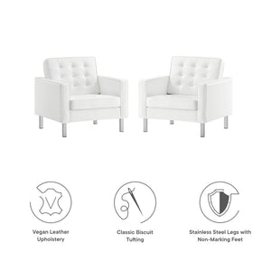 Modway Furniture Loft Tufted Vegan Leather Armchairs Set of 2 – Mid-Century Modern Design for Stylish Living Rooms Silver White EEI-4101-SLV-WHI
