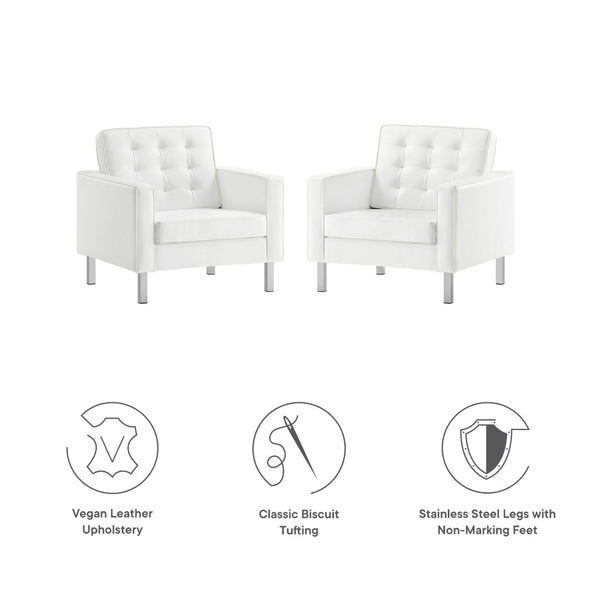 Modway Furniture Loft Tufted Vegan Leather Armchairs Set of 2 – Mid-Century Modern Design for Stylish Living Rooms Silver White EEI-4101-SLV-WHI
