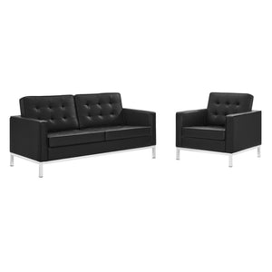 Modway Furniture Loft Tufted Upholstered Faux Leather Loveseat and Armchair Set for Stylish Modern Living Spaces Silver Black EEI-4102-SLV-BLK-SET