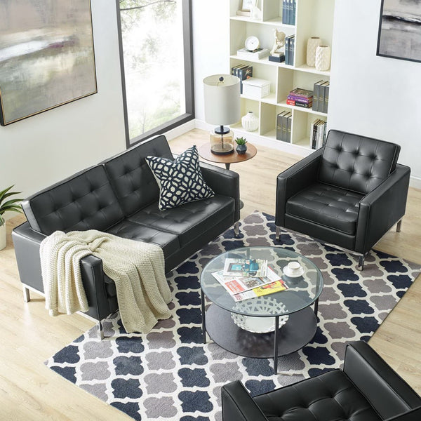 Modway Furniture Loft Tufted Upholstered Faux Leather Loveseat and Armchair Set for Stylish Modern Living Spaces Silver Black EEI-4102-SLV-BLK-SET