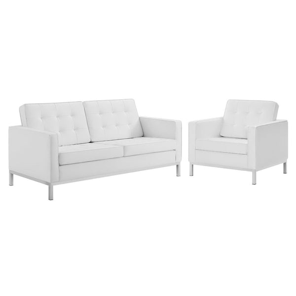 Modway Furniture Loft Tufted Upholstered Faux Leather Loveseat and Armchair Set for Stylish Modern Living Spaces Silver White EEI-4102-SLV-WHI-SET