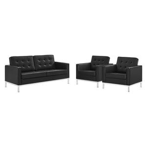 Modway Furniture Loft 3 Piece Tufted Upholstered Faux Leather Set - Modern Comfort for Stylish Living Spaces Silver Black EEI-4103-SLV-BLK-SET