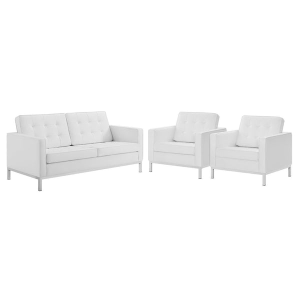 Modway Furniture Loft 3 Piece Tufted Upholstered Faux Leather Set - Modern Comfort for Stylish Living Spaces Silver White EEI-4103-SLV-WHI-SET