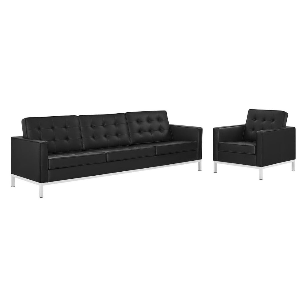 Modway Furniture Loft Tufted Faux Leather Sofa and Armchair Set - Mid-Century Style with Stainless Steel Frame Silver Black EEI-4104-SLV-BLK-SET