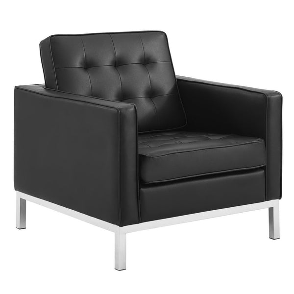 Modway Furniture Loft Tufted Faux Leather Sofa and Armchair Set - Mid-Century Style with Stainless Steel Frame Silver Black EEI-4104-SLV-BLK-SET