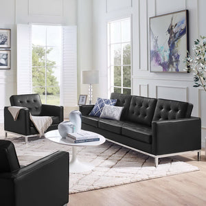 Modway Furniture Loft Tufted Faux Leather Sofa and Armchair Set - Mid-Century Style with Stainless Steel Frame Silver Black EEI-4104-SLV-BLK-SET