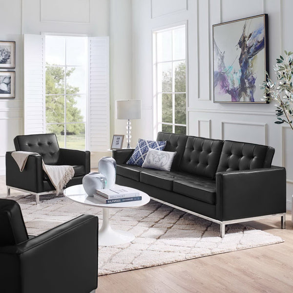 Modway Furniture Loft Tufted Faux Leather Sofa and Armchair Set - Mid-Century Style with Stainless Steel Frame Silver Black EEI-4104-SLV-BLK-SET