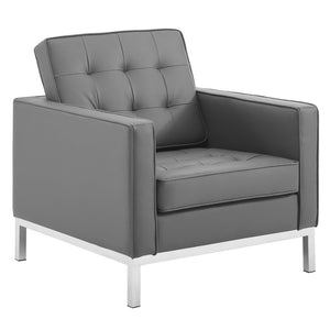 Modway Furniture Loft Tufted Faux Leather Sofa and Armchair Set - Mid-Century Style with Stainless Steel Frame Silver Gray EEI-4104-SLV-GRY-SET