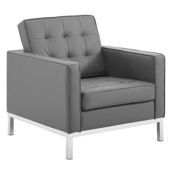 Modway Furniture Loft Tufted Faux Leather Sofa and Armchair Set - Mid-Century Style with Stainless Steel Frame Silver Gray EEI-4104-SLV-GRY-SET