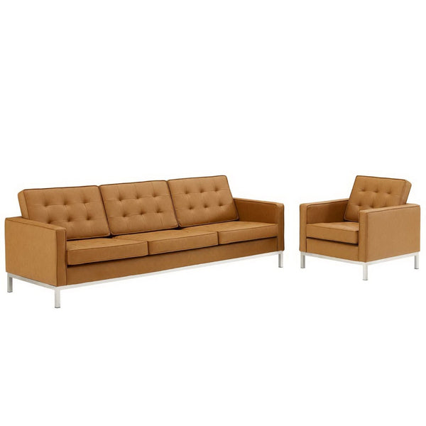 Modway Furniture Loft Tufted Faux Leather Sofa and Armchair Set - Mid-Century Style with Stainless Steel Frame Silver Tan EEI-4104-SLV-TAN-SET