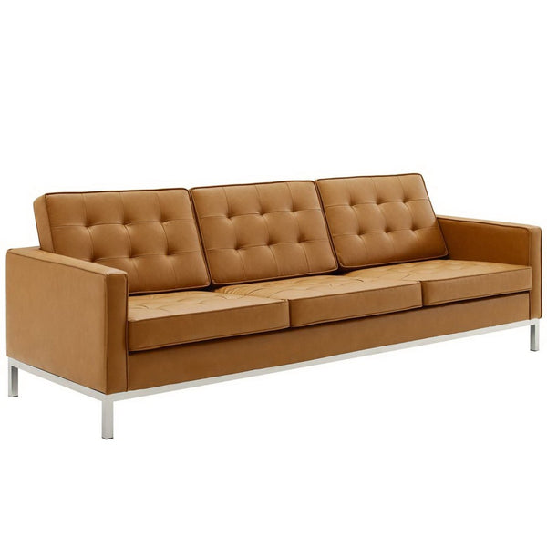 Modway Furniture Loft Tufted Faux Leather Sofa and Armchair Set - Mid-Century Style with Stainless Steel Frame Silver Tan EEI-4104-SLV-TAN-SET