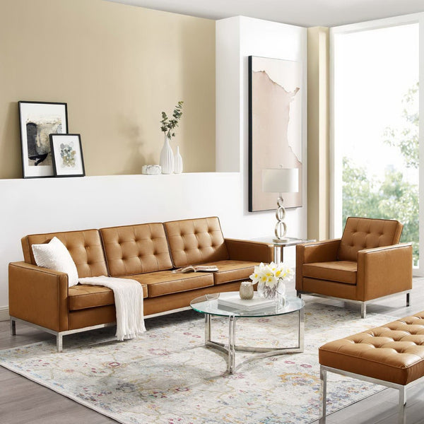 Modway Furniture Loft Tufted Faux Leather Sofa and Armchair Set - Mid-Century Style with Stainless Steel Frame Silver Tan EEI-4104-SLV-TAN-SET