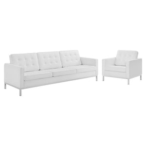 Modway Furniture Loft Tufted Faux Leather Sofa and Armchair Set - Mid-Century Style with Stainless Steel Frame Silver White EEI-4104-SLV-WHI-SET