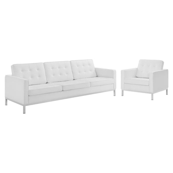 Modway Furniture Loft Tufted Faux Leather Sofa and Armchair Set - Mid-Century Style with Stainless Steel Frame Silver White EEI-4104-SLV-WHI-SET