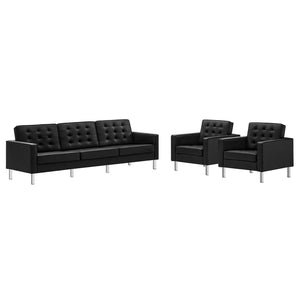 Modway Furniture Loft 3-Piece Tufted Vegan Leather Furniture Set – Modern Elegance for Living Rooms and Offices Silver Black EEI-4105-SLV-BLK-SET