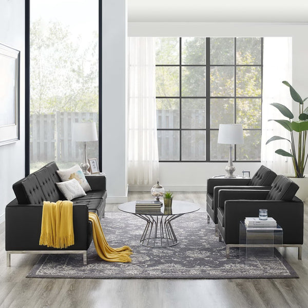 Modway Furniture Loft 3-Piece Tufted Vegan Leather Furniture Set – Modern Elegance for Living Rooms and Offices Silver Black EEI-4105-SLV-BLK-SET