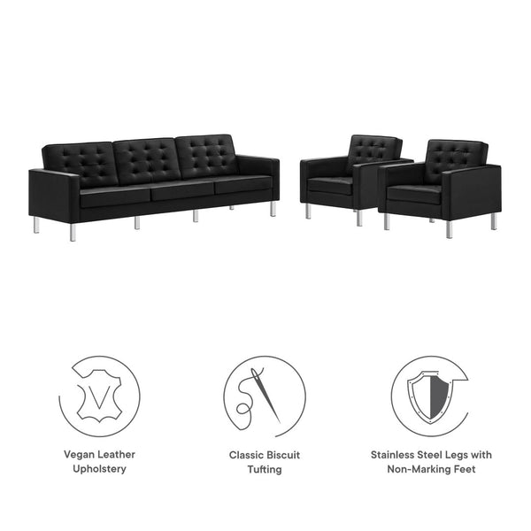 Modway Furniture Loft 3-Piece Tufted Vegan Leather Furniture Set – Modern Elegance for Living Rooms and Offices Silver Black EEI-4105-SLV-BLK-SET