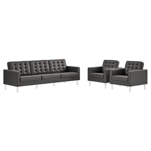 Modway Furniture Loft 3-Piece Tufted Vegan Leather Furniture Set – Modern Elegance for Living Rooms and Offices Silver Gray EEI-4105-SLV-GRY-SET