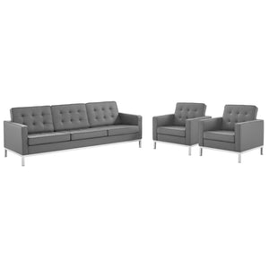 Modway Furniture Loft Tufted Vegan Leather 3-Piece Furniture Set Silver Gray 93 x 123 x 31