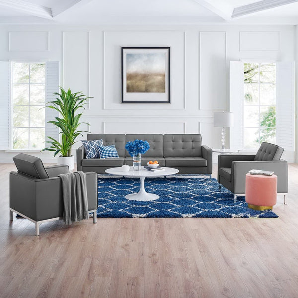 Modway Furniture Loft 3-Piece Tufted Vegan Leather Furniture Set – Modern Elegance for Living Rooms and Offices Silver Gray EEI-4105-SLV-GRY-SET